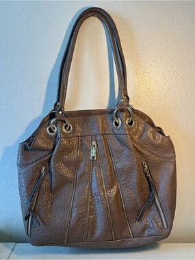 Jessica Simpson Brown Textured Shoulder Tote with Gold Accents